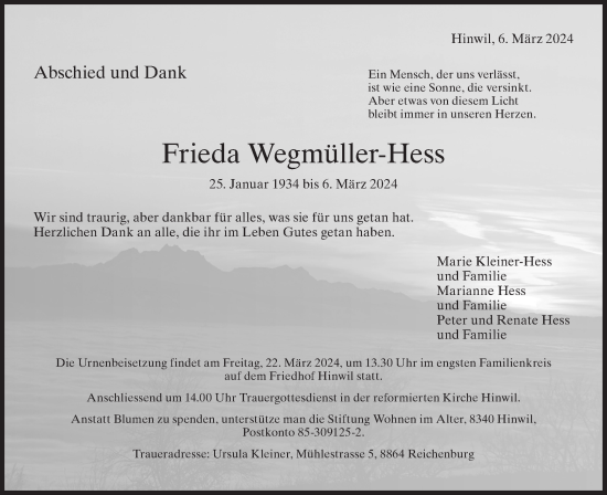 Traueranzeige von Frieda Wegmüller-Hess von AvU