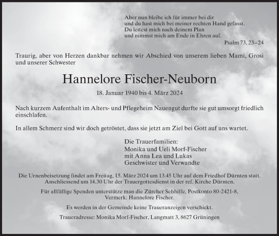 Traueranzeige von Hannelore Fischer-Neuborn von AvU