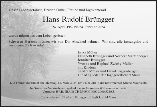 Traueranzeige von Hans-Rudolf Brüngger von AvU