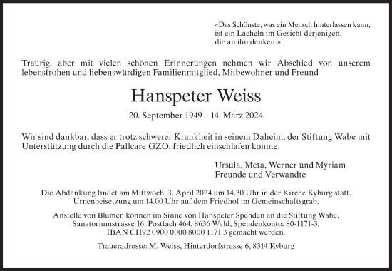 Traueranzeige von Hanspeter Weiss von AvU