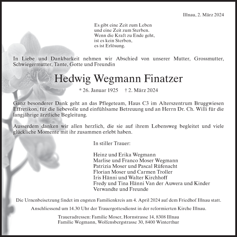  Traueranzeige für Hedwig Wegmann Finatzer vom 07.03.2024 aus AvU