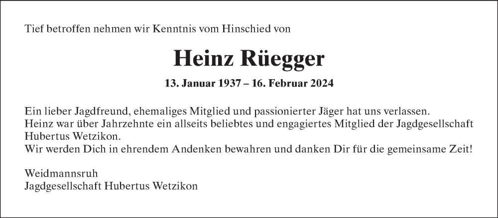  Traueranzeige für Heinz Rüegger vom 04.03.2024 aus AvU