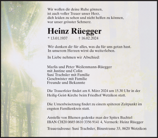 Traueranzeige von Heinz Rüegger von AvU