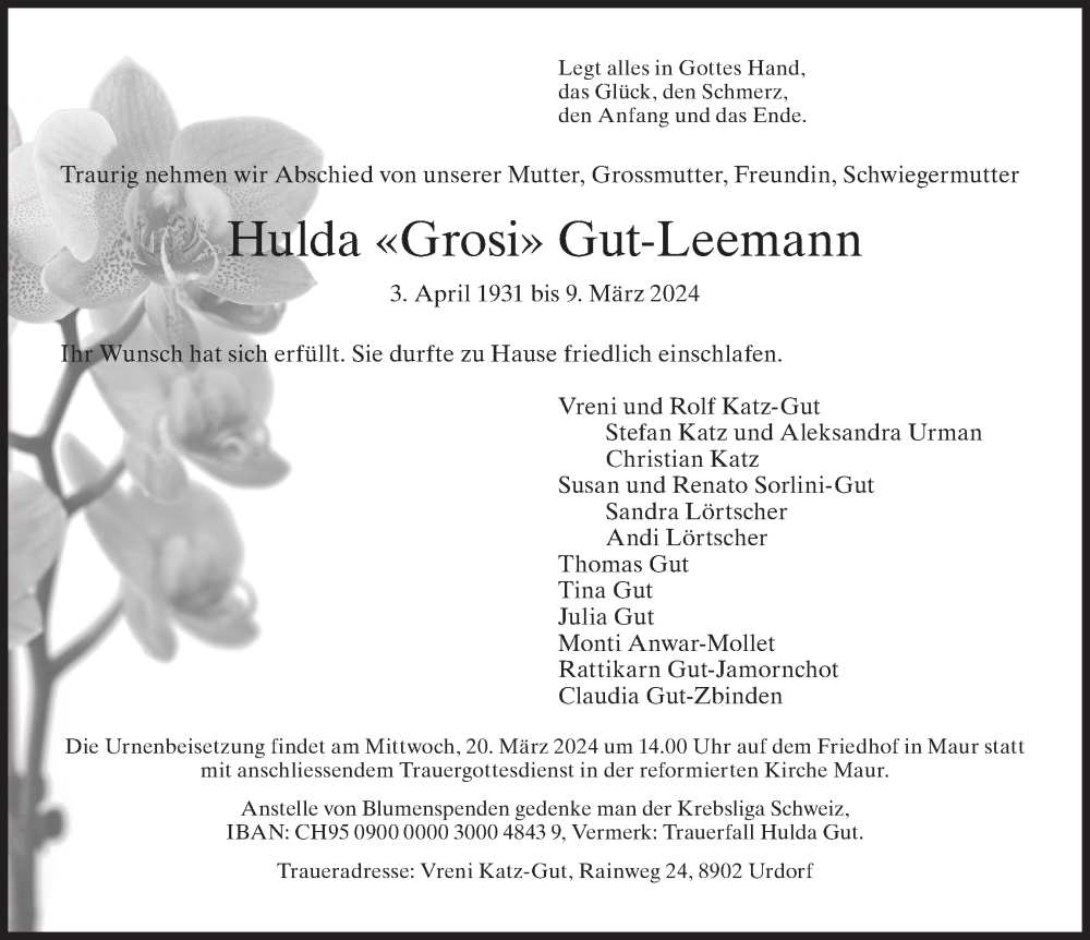 Traueranzeige für Hulda Gut-Leemann vom 15.03.2024 aus AvU