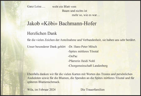 Traueranzeige von Jakob Bachmann-Hofer von AvU