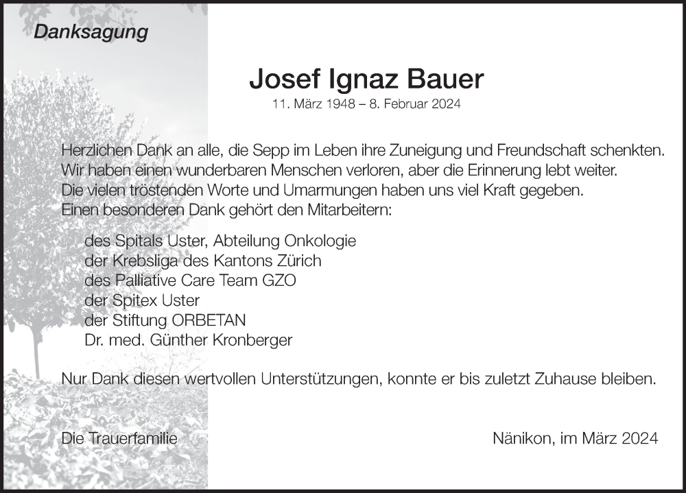  Traueranzeige für Josef Ignaz Bauer vom 27.03.2024 aus AvU