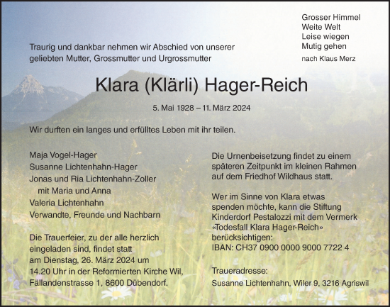 Traueranzeige von Klara Hager-Reich von VO solo