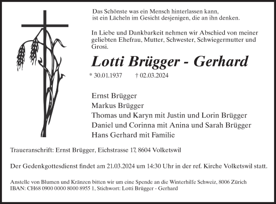 Traueranzeige von Lotti Brügger-Gerhard von AvU
