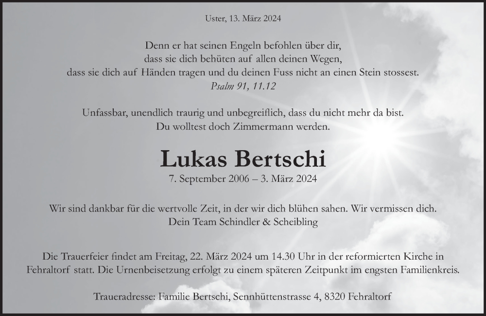 Traueranzeige für Lukas Bertschi vom 13.03.2024 aus AvU
