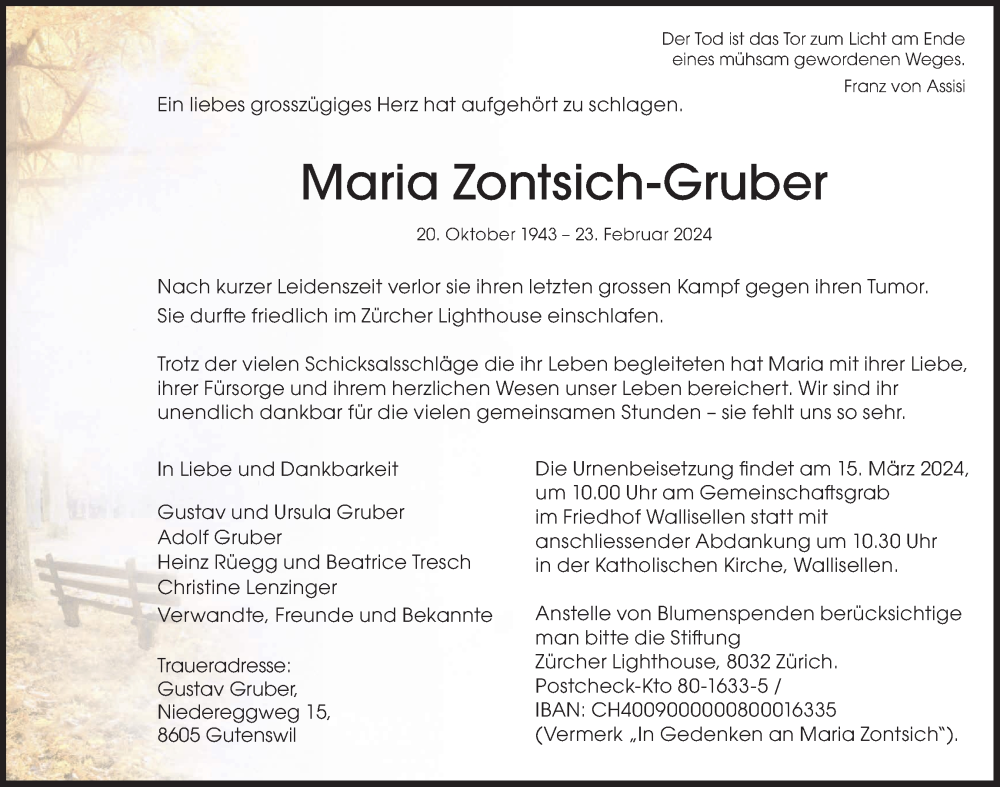  Traueranzeige für Maria Zontsich-Gruber vom 08.03.2024 aus VO solo