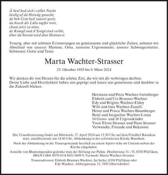 Traueranzeige von Marta Wachter-Strasser von AvU