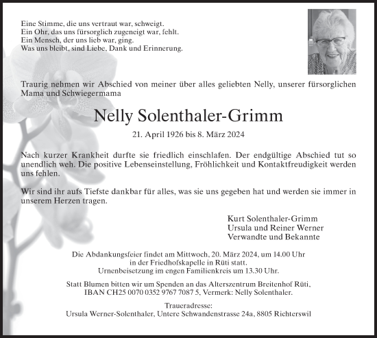 Traueranzeige von Nelly Solenthaler-Grimm von AvU