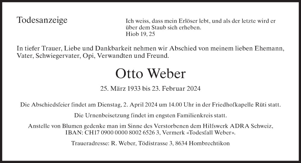  Traueranzeige für Otto Weber vom 21.03.2024 aus AvU