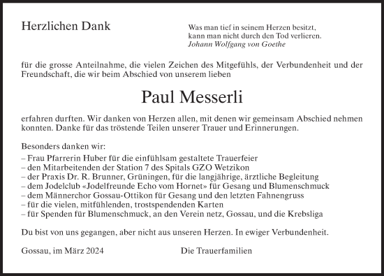 Traueranzeige von Paul Messerli von AvU