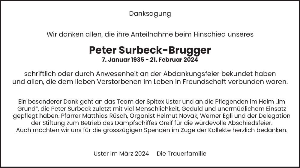  Traueranzeige für Peter Surbeck-Brugger vom 27.03.2024 aus AvU
