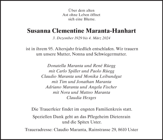 Traueranzeige von Susanna Clementine Maranta-Hanhart von AvU