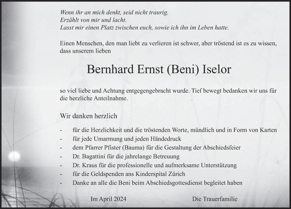  Traueranzeige für Bernhard Iselor vom 24.04.2024 aus AvU
