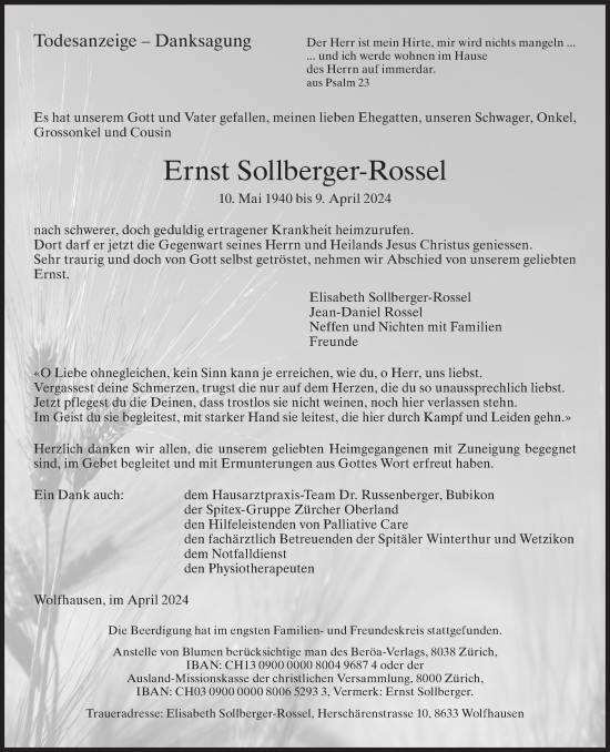 Traueranzeige von Ernst Sollberger-Rossel von AvU