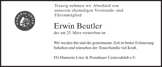 Traueranzeige von Erwin Beutler von AvU