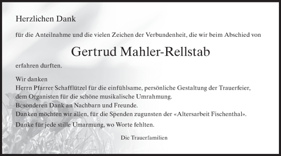 Traueranzeige von Gertrud Mahler-Rellstab von AvU