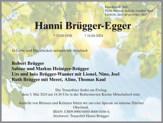 Traueranzeige von Hanni Brügger-Egger von AvU
