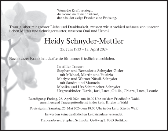 Traueranzeige von Heidy Schnyder-Mettler von AvU