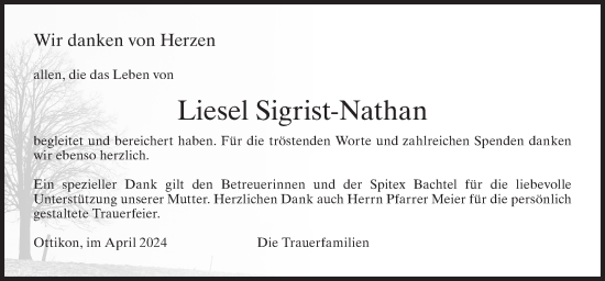 Traueranzeige von Liesel Sigrist-Nathan von AvU