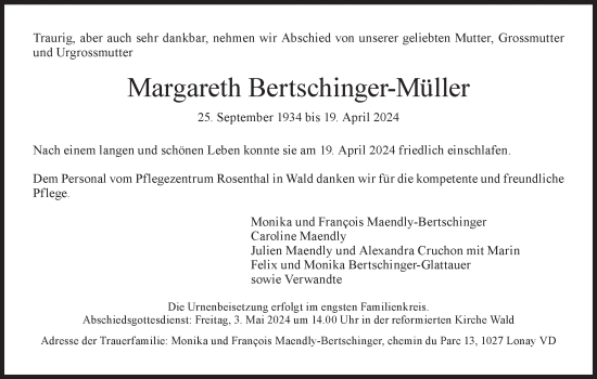 Traueranzeige von Margareth Bertschinger-Müller von AvU