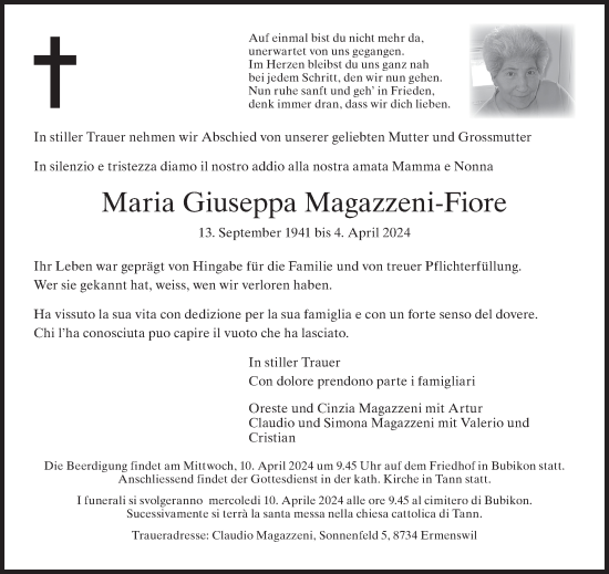 Traueranzeige von Maria Giuseppa Magazzeni-Fiore von AvU
