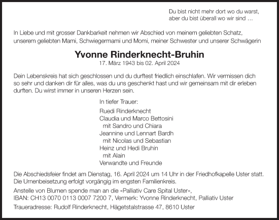 Traueranzeige von Yvonne Rinderknecht-Bruhin von AvU