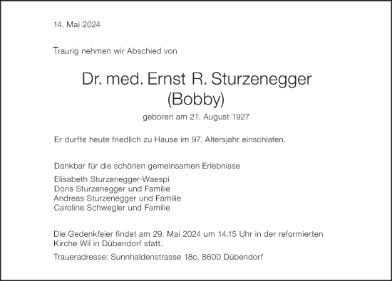 Traueranzeige von Ernst R. Sturzenegger von VO solo