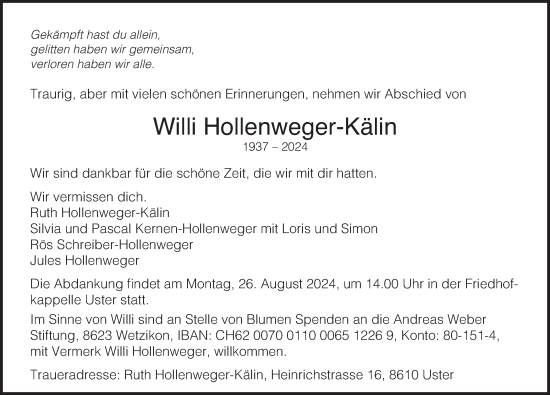 Traueranzeige von Willi Hollenweger-Kälin von AvU