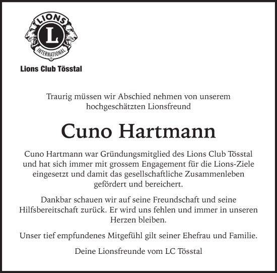 Traueranzeige von Cuno Hartmann von AvU