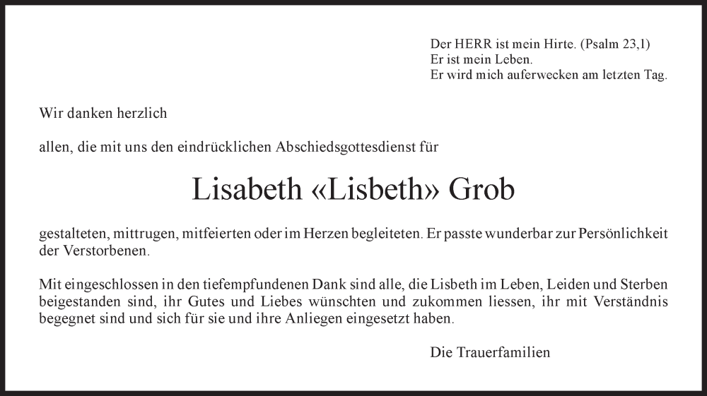  Traueranzeige für Lisabeth  Grob vom 04.09.2024 aus AvU