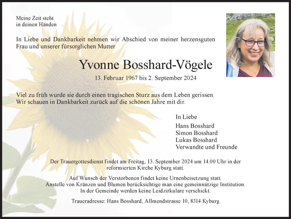  Traueranzeige für Yvonne Bosshard-Vögele vom 11.09.2024 aus AvU