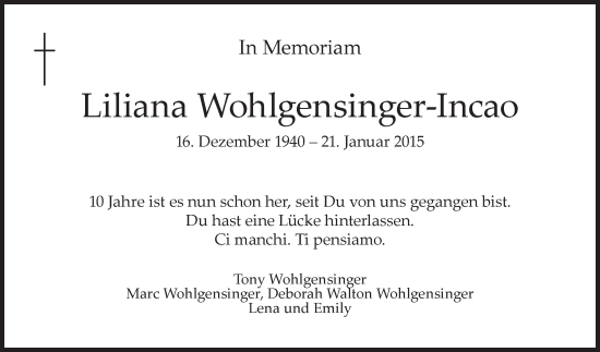 Traueranzeige von Liliana Wohlgensinger-Incao von GL solo