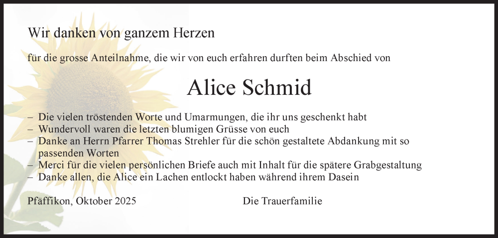  Traueranzeige für Alice Schmid vom 15.10.2025 aus AvU