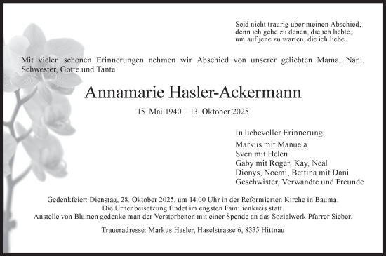 Traueranzeige von Annamarie Hasler von AvU
