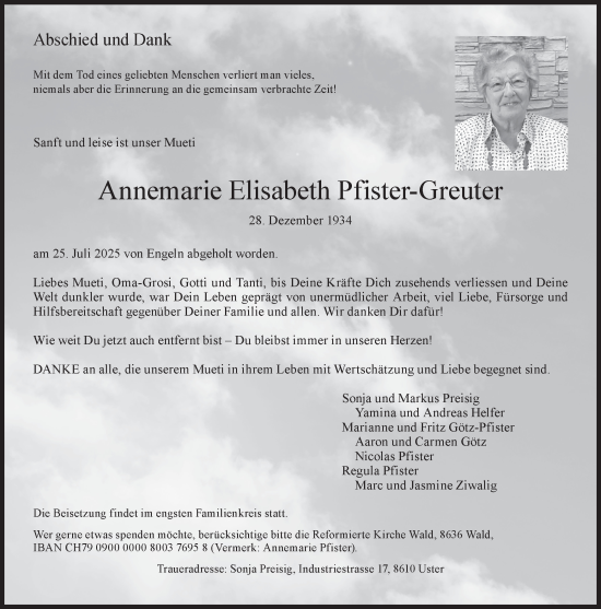 Traueranzeige von Annemarie Elisabeth Pfister von AvU
