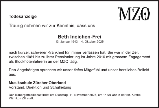 Traueranzeige von Beth Ineichen-Frei von AvU