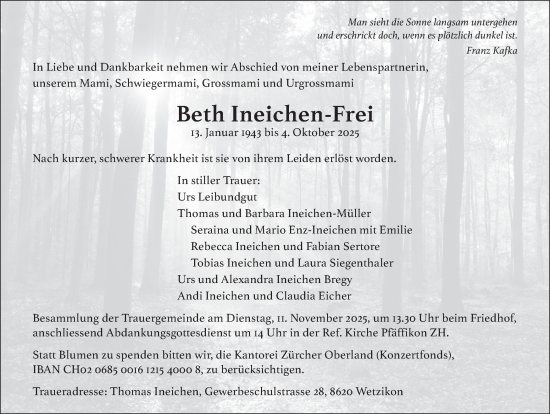 Traueranzeige von Beth Ineichen-Frei von AvU