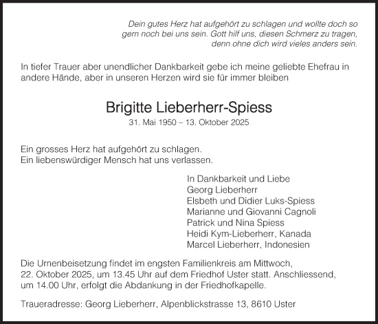 Traueranzeige von Brigitte Lieberherr-Spiess von AvU