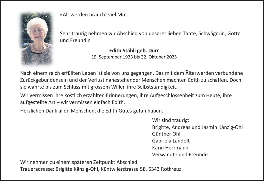  Traueranzeige für Edith Stähli vom 29.10.2025 aus AvU