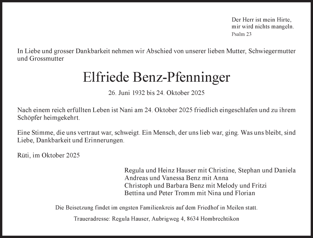  Traueranzeige für Elfriede Benz-Pfenninger vom 01.11.2025 aus AvU