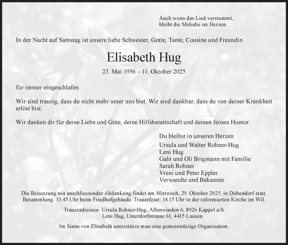  Traueranzeige für Elisabeth Hug vom 24.10.2025 aus GL solo