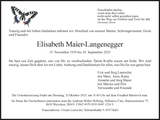 Traueranzeige von Elisabeth Maier-Langenegger von AvU
