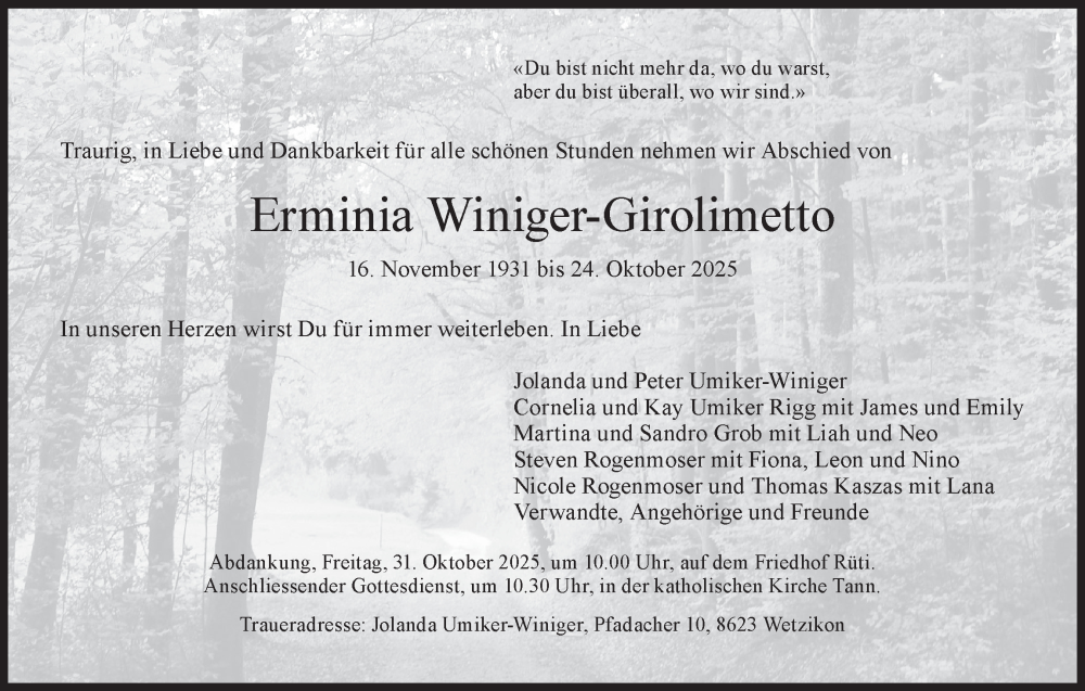  Traueranzeige für Erminia Winiger-Girolimetto vom 29.10.2025 aus AvU