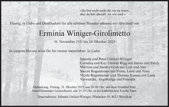 Traueranzeige von Erminia Winiger-Girolimetto von AvU