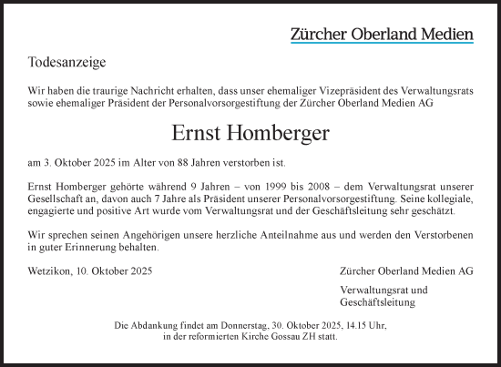 Traueranzeige von Ernst Homberger von AvU