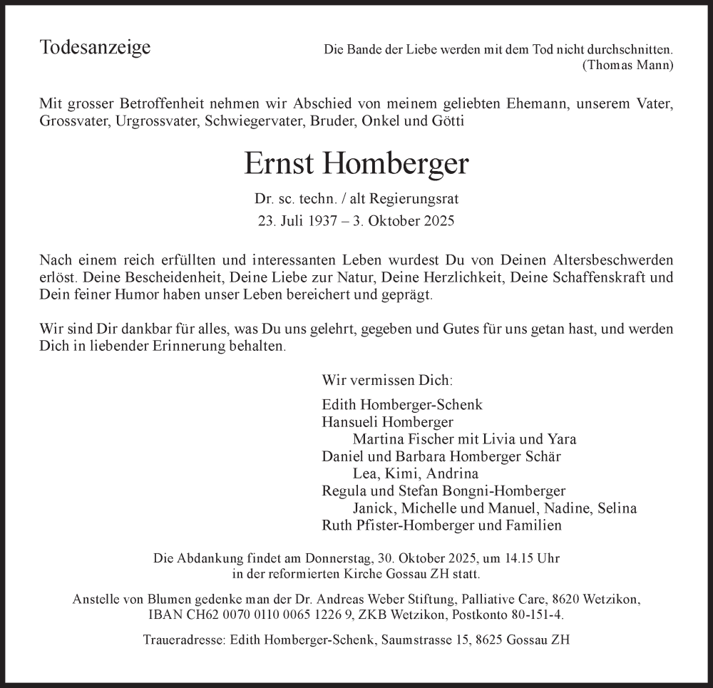 Traueranzeige für Ernst Homberger vom 10.10.2025 aus AvU